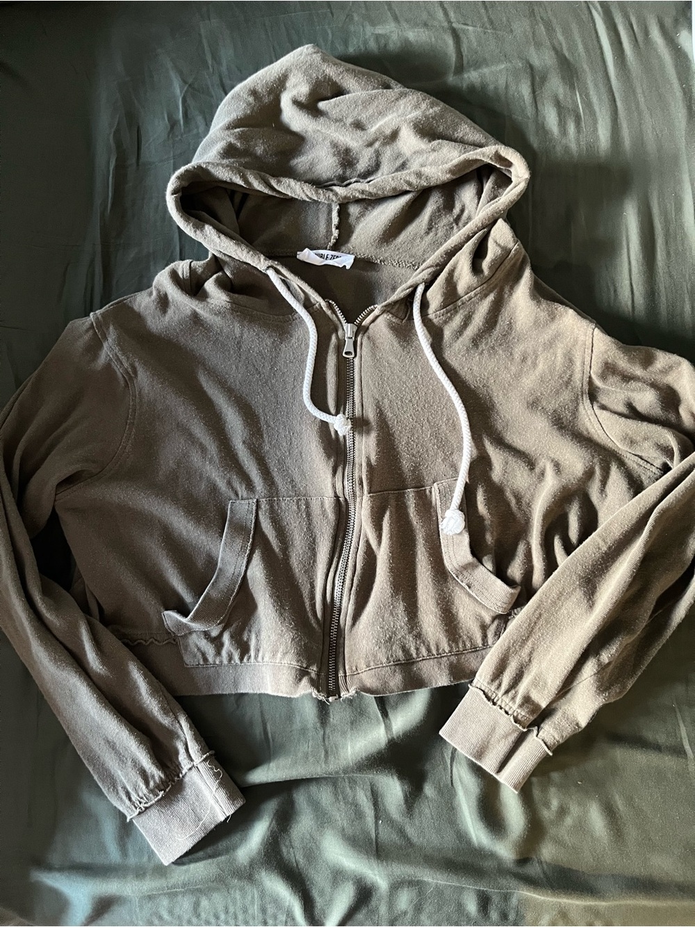 Double Zero Cropped Army Green Zip-Up Hoodie